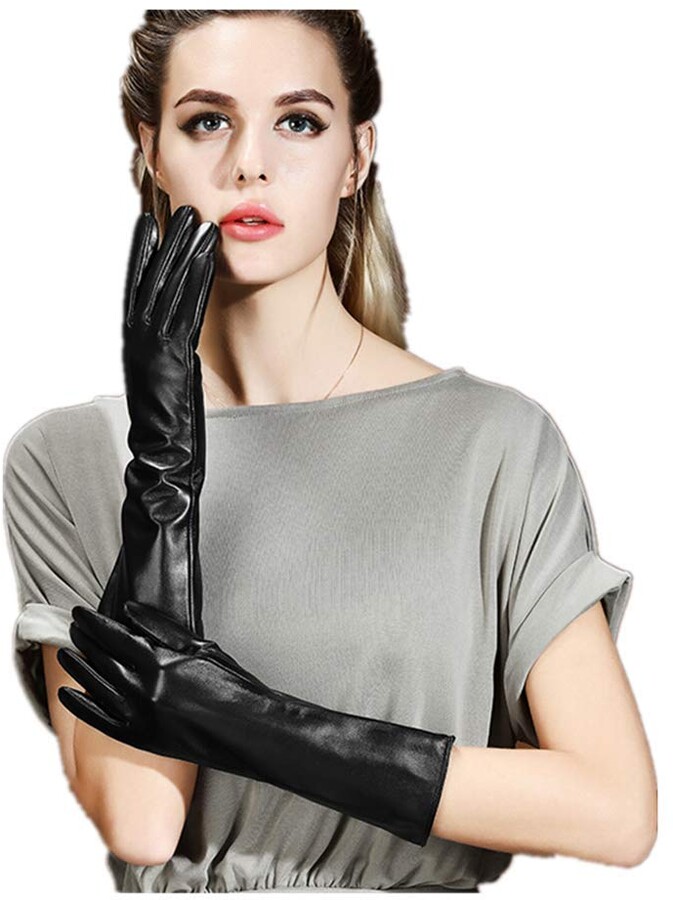 Vocono Winter Long Leather Gloves Women Touchscreen Warm Driving Opera ...