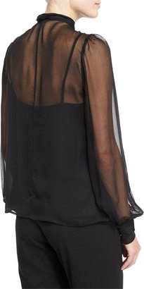 Nanette Lepore Long-Sleeve Silk Chiffon Tie-Neck Top, Black