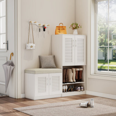 Modern multifunctional shoe cabinet with adjustable shelves, shoe bench with cushions at the entrance