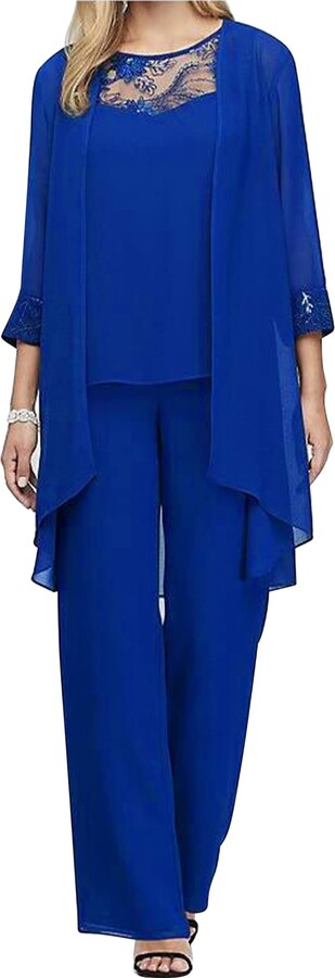 Awoyep Women's Two Piece Set, Elegant Trouser Suit, Long Chiffon Shirt Top  and Wide Leg Trousers, Summer 2 Piece Casual Festive Trouser Suit, Vintage  Set (Color : Navy blue, Size : 3XL) 
