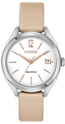 Citizen - Ladies Cream 'Eco-Drive' Analogue Leather Strap Watch Fe6140-03A