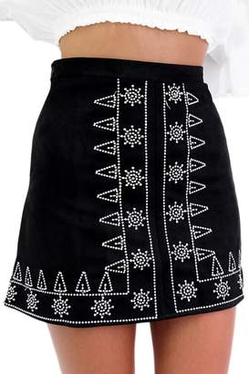 Zilcremo Women Elegant Embroidered Suede Bodycon Mini Skirt Party Dress L