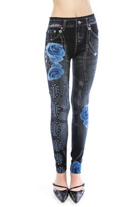 VIRGIN ONLY Women's Denim Jeans Printed Elastic Waist Band Seamless Leggings (, Size OS)