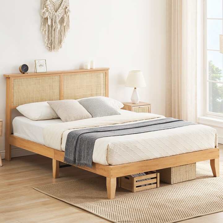 Amyove Queen Bed Frame with Natural Rattan Headboard and Footboard, Metal Platform with Strong Metal Slats Support, Boho Cane Bed with Curved