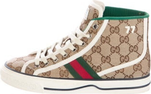 Gucci Canvas High Top Sneakers Neutrals GG Canvas & Web Accent Round-Toes Lace-Up Closure at Uppers Includes Box & Additional Laces Designer