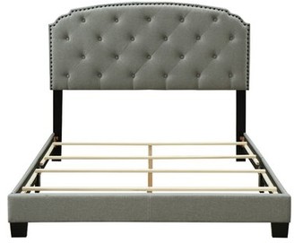 Red Barrel Studio Upholstered Platform Bed With Rond Headboard, Wood Slat Support, Gray Linen Fabric, Queen Size
