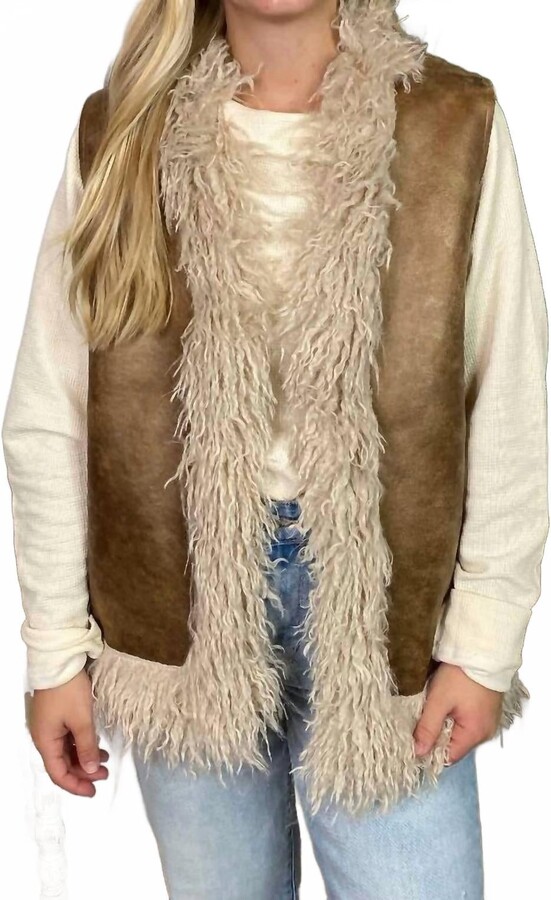 VERY J Sherpa Suede Boho Vest With Faux Fur In Beige