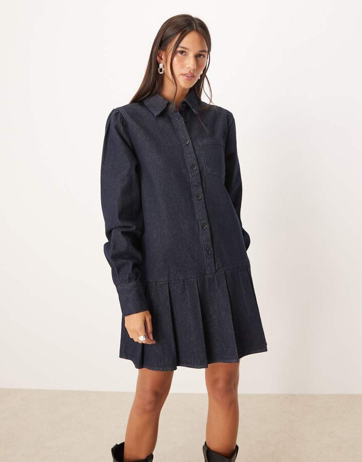 Glamorous dropped waist pleated mini denim dress in blue indigo