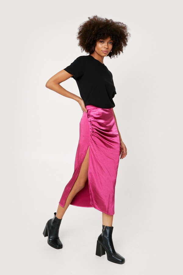 Nasty Gal Ruched Button Detail Satin Midi Skirt Black ShopStyle