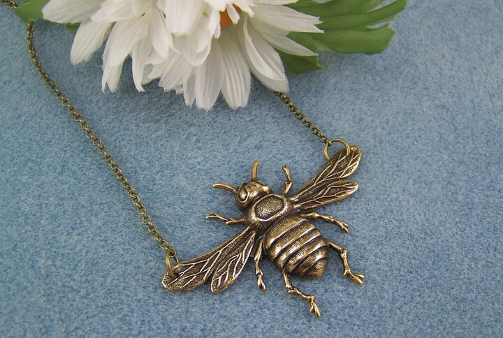 Etsy Honeybee Necklace, Bronze Honeybee, Bee in Flight, Apiary, Insect Bug Nature