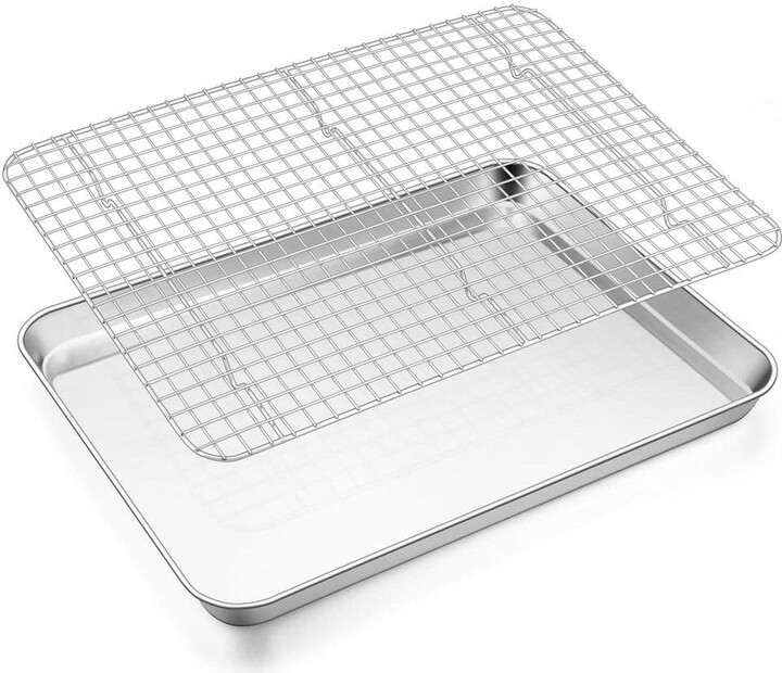 Anqtovp 17.6” x 13” Stainless Steel Silver Baking Sheet with Wire Rack Set, Large Metal Cookie Tray with Cooling Rack for Oven