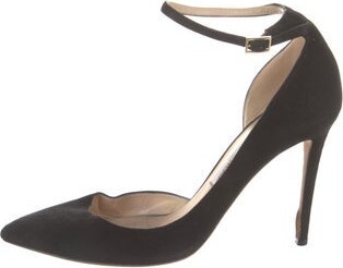 Jimmy Choo Suede D'Orsay Pumps Black Leather Trim Pointed-Toes Wrap-Around Straps & Buckle Closure at Ankles