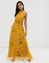 asos design maxi dress with linear sequin and yellow floral beading