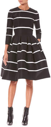 Carolina Herrera Three-Quarter Sleeve Fit-and-Flare Striped Cocktail Dress