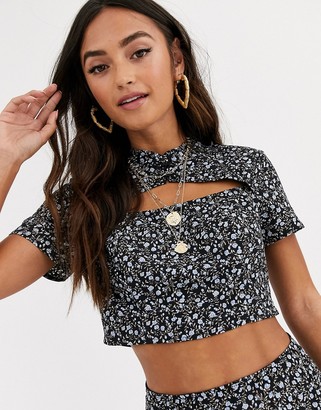 In The Style x Dani Dyer ditsy print cut out detail crop top two-piece