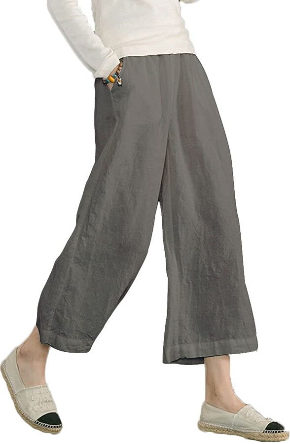 Tanshine Womens Linen Wide Leg Capri Pants Plus Size 3/4 Cropped Summer  Trousers Elastic Waist with Drawsting Grey XXL - ShopStyle