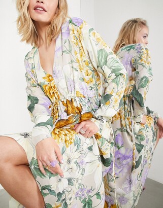 ASOS EDITION satin V-neck oversized midi dress with drawstring in large floral print