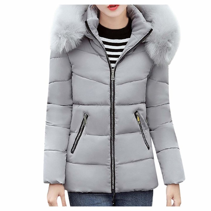 womens grey coats with fur hood