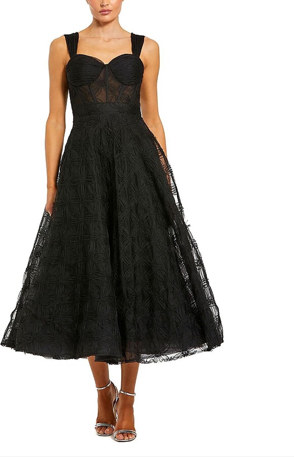 Mac Duggal Sleeveless A Line Bustier Floral Tulle Midi Dress