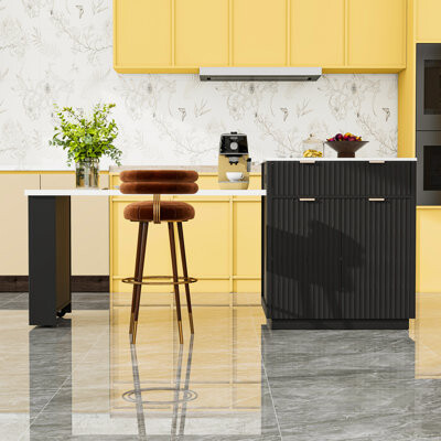 Lark Manor Fluted Kitchen Island with Extendable Table for 4-6 Double-Sided Storage and Power Station