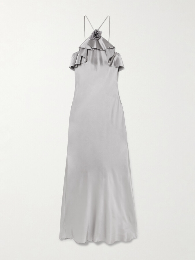 Rodarte Appliquéd Ruffled Silk-satin Halterneck Midi Dress - Silver