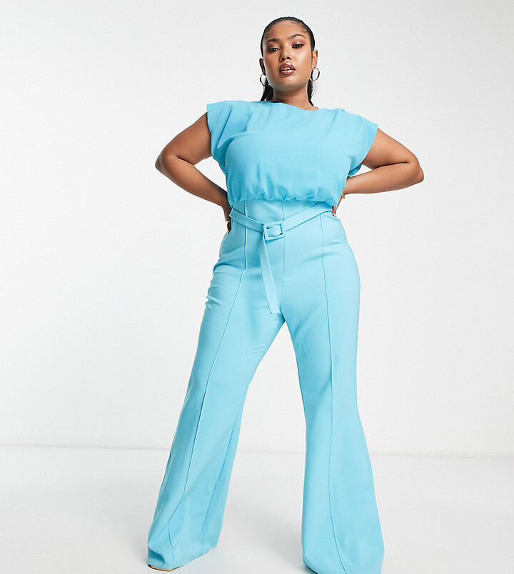 overdraw stål pustes op ASOS Curve ASOS DESIGN Curve chiffon top belted flared leg jumpsuit in  turquoise - ShopStyle