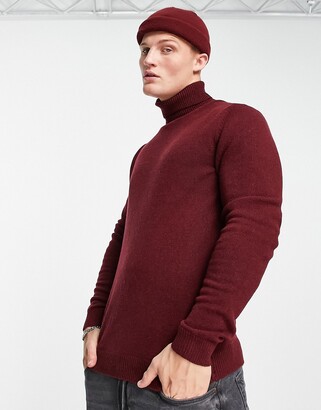 ASOS DESIGN lambswool roll neck sweater in burgundy