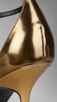 Thumbnail for your product : Burberry Velvet and Metallic Leather T-Bar Sandals