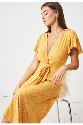 Love Frontrow Ditsy Floral Short Sleeve Maxi Wrap Dress | Yellow