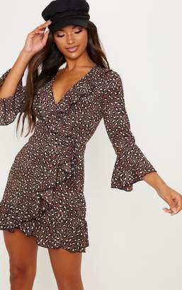 PrettyLittleThing Chocolate Brown Polka Dot Leopard Print Frill Wrap Tea Dress