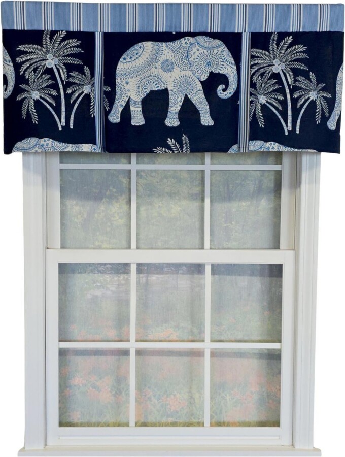 RLF Home 100% Cotton White Elephant Pleated Unlined Windows Rod Pocket Valance 50" x 17" Blue