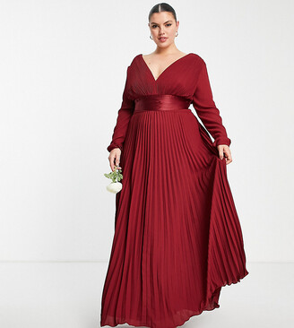 ASOS Curve ASOS DESIGN Curve Bridesmaid pleated long sleeve maxi dress with satin wrap waist in burgundy