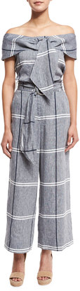 Suno Off-the-Shoulder Plaid Linen-Blend Blouse, Chambray
