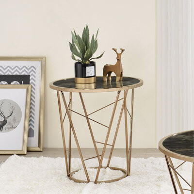Wrought Studio Modern Luxury End Table Round Black And Champagne Finish Living Room Furniture 1Pc Faux Marble Tempered Glass Top Cone Base Metal Frame Side Table