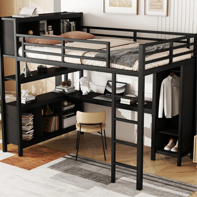 Isabelle & Max White Metal Loft Bed With Wardrobe, Space Desk And Storage, Fashionable Practical