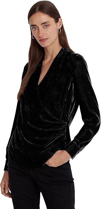 Lauren Ralph Lauren Pleated Velvet Surplice Blouse Women's Clothing Black Velvet : 8, Polyester