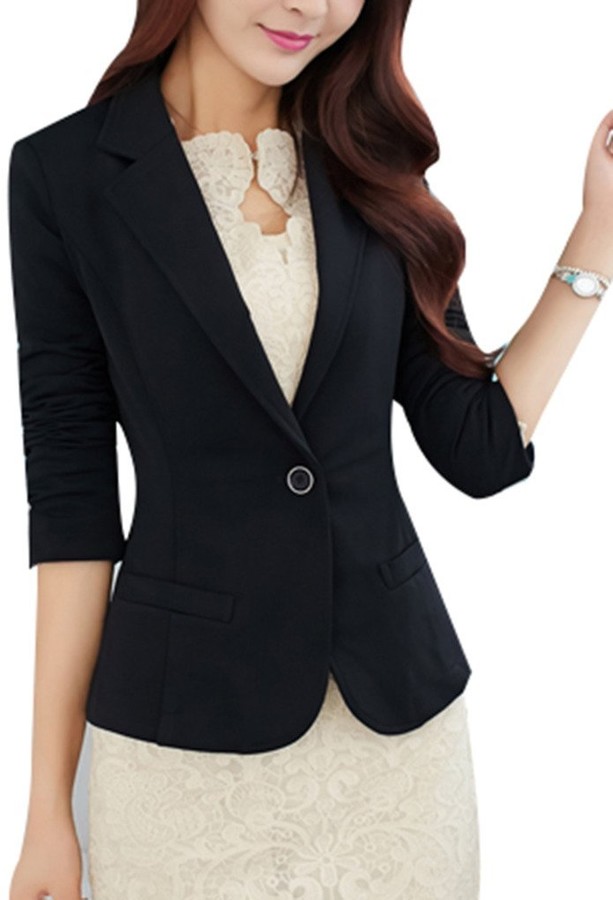 Yasong Womens Girls 3/4 Sleeve Slim Fitted Casual Summer Suit Jacket Blazer One Button 