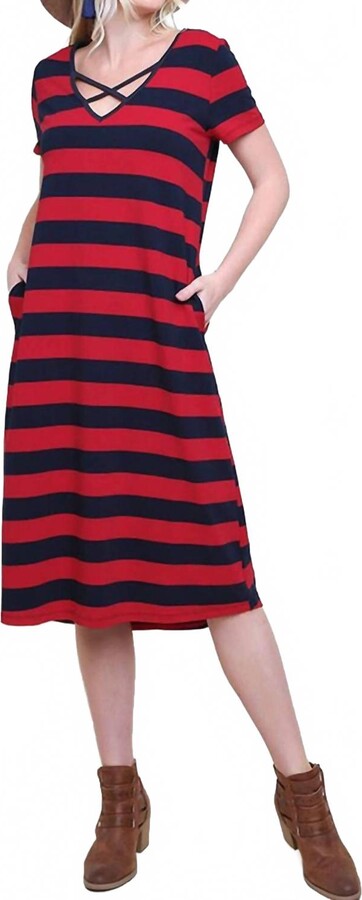 umgee Striped T-Shirt Midi Dress In Navy/ Red