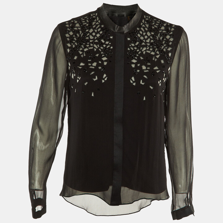 Elie Tahari Black Silk Embellished Button Front Blouse S