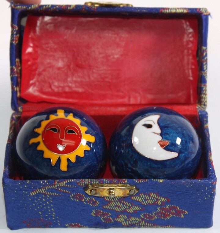 Smiling JuJu Blue Sun & Moon Cloisonne Iron Balls Hand Stress Relief Set EXERCISE Finger Health Therapy