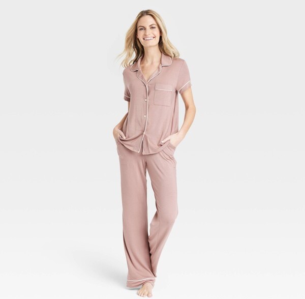 Women's Short Sleeve Notch Collar Top and Pants Pajama Set - Stars Above  Black S