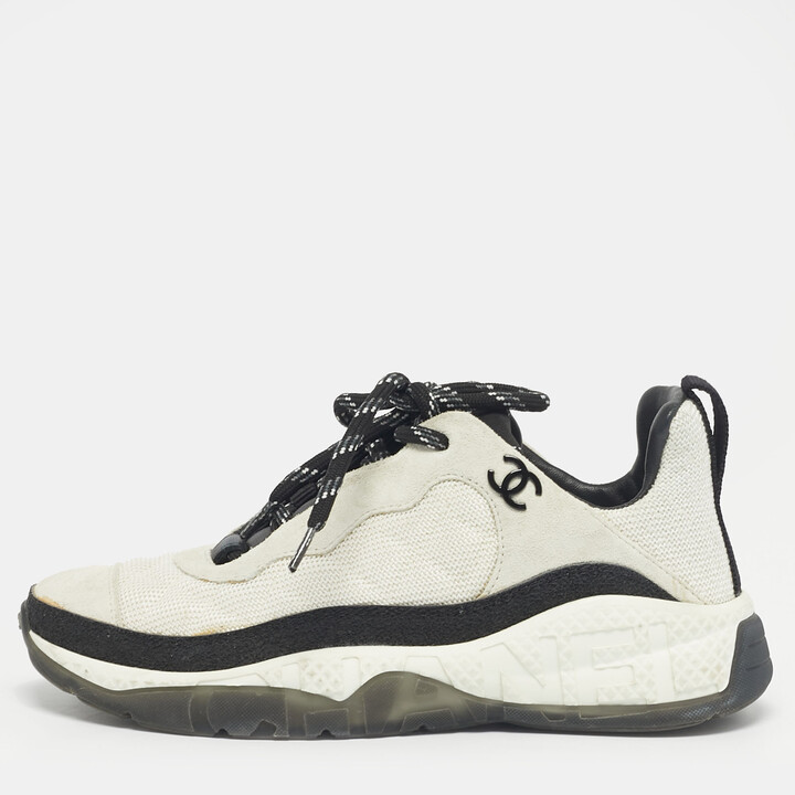 Chanel Grey/White Suede and Canvas CC Low Top Sneakers Size 36