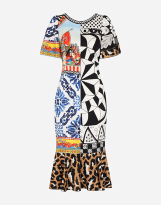 Dolce & Gabbana Calf-Length Patchwork-Print Charmeuse Dress
