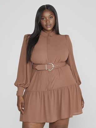 Fashion to Figure Plus Size Jaleesa Belted Shirt Dress in Brown