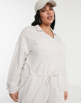 Thumbnail for your product : ASOS Curve DESIGN curve open collar slouchy tie waist sweat jumpsuit in cream