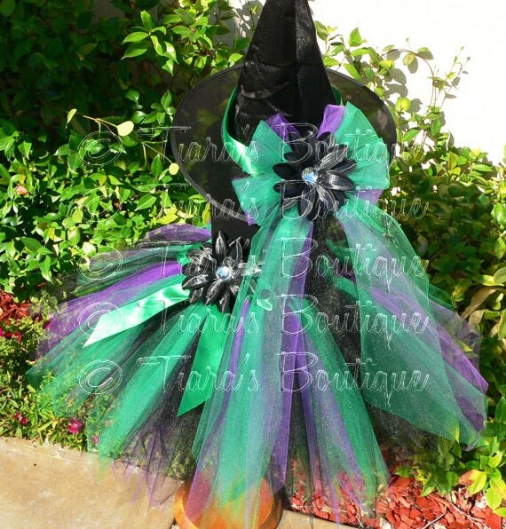 Tutu Witch Costume, Girls Halloween Purple Green Set, Esmerelda Witch, Black Tutu, 15" Pixie & Hat