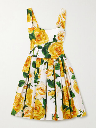 Dolce & Gabbana Pleated Floral-print Cotton-poplin Mini Dress - Yellow