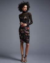 Thumbnail for your product : Fuzzi Long-Sleeve Mesh-Yoke Floral-Print Sheath Dress, Black Multi