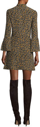 Derek Lam 10 Crosby Bell-Sleeve Cascade-Ruffle Printed Silk A-line Dress