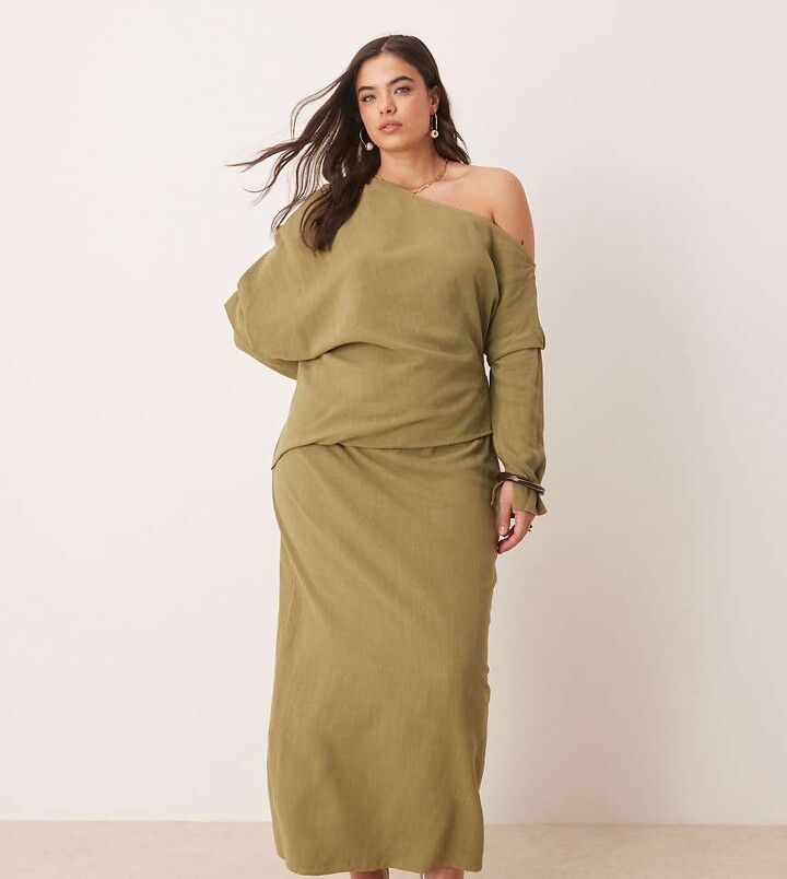 ASOS DESIGN Curve linen asymmetric fallen shoulder long sleeve midi dress in khaki